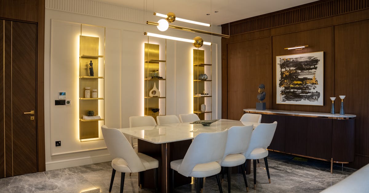 A beautifully designed modern dining room featuring elegant furniture and artistic decor elements.